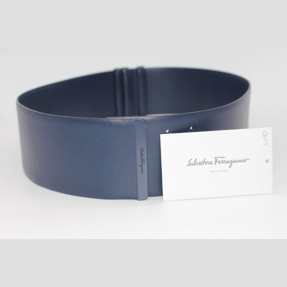 $450 Salvatore Ferragamo OXFORD BLUE (NAVY) CALF 3" Wide Leather Belt Size 70